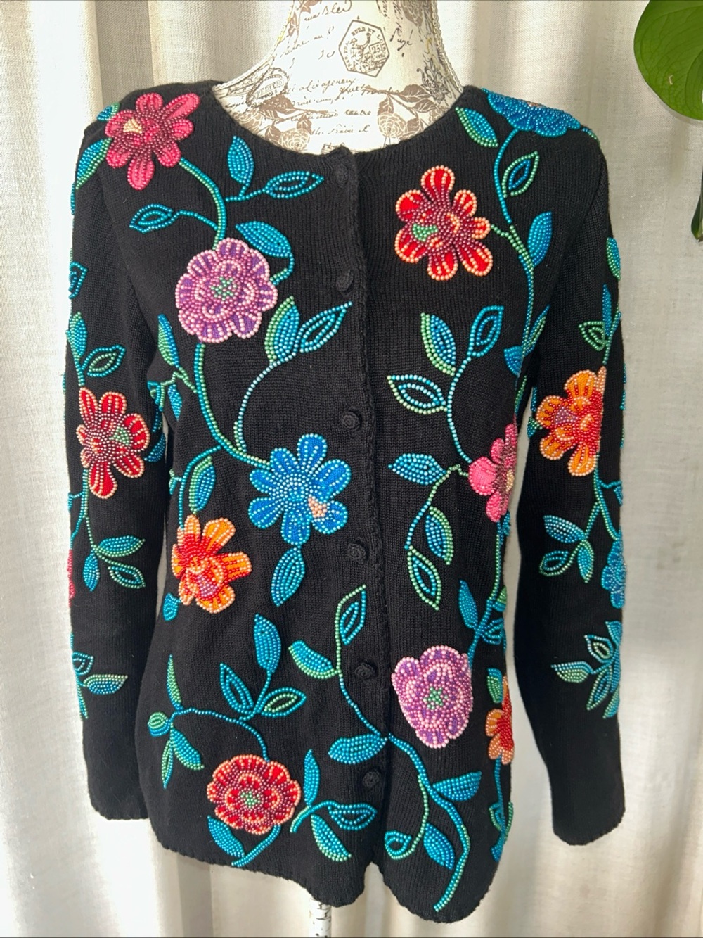 MICHAEL SIMON NEW YORK Cardigan Button Up SWEATER Black Beaded Flowers Vintage